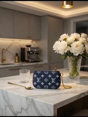 Blue Monogram Designer Pouch with Gold Chain And Monogram